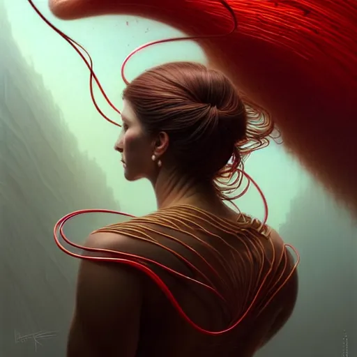 Image similar to low angle shot of a woman seen from the back with red wires , intricate, elegant, highly detailed, centered, digital painting, artstation, concept art, smooth, sharp focus, illustration, artgerm, Tomasz Alen Kopera, Peter Mohrbacher, donato giancola, Joseph Christian Leyendecker, WLOP, Boris Vallejo