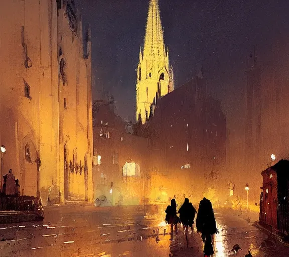 Prompt: midnight, a busy street near a cathedral by noel harry leaver, 1 8 8 9, pascal campion