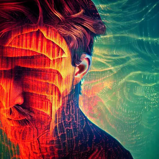 Prompt: psychedelic fantasy male portrait, caucasian, brown hair with red and blue highlights, in a cinematic wallpaper, glitch effects, dissolve effects, noise, halo / nimbus, devils horns, angel wings, raven wings, hdr 8 k dop dof