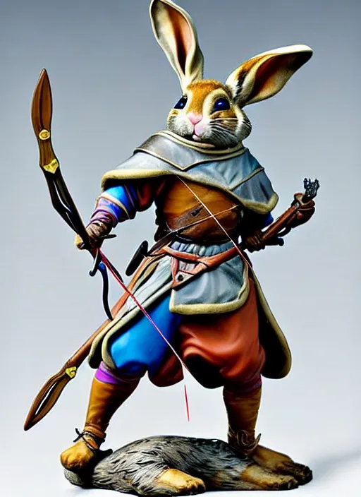 Image similar to a porcelain figurine of a heroic rabbit crossbowman, redwall, lisa frank and greg rutowski and jean baptiste monge, very detailed, epic fantasy concept art