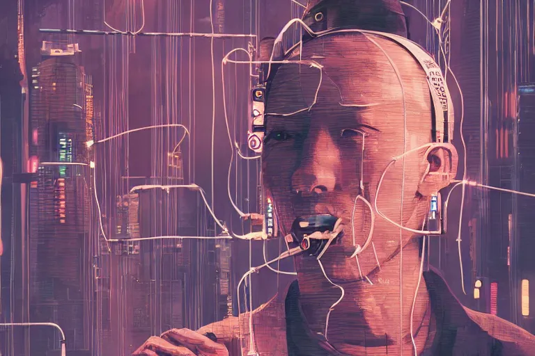 Image similar to man with wires on his head and a cigarette in his mouth, cyberpunk art by hayao miyazaki, behance contest winner, panfuturism, circuitry, darksynth, future tech