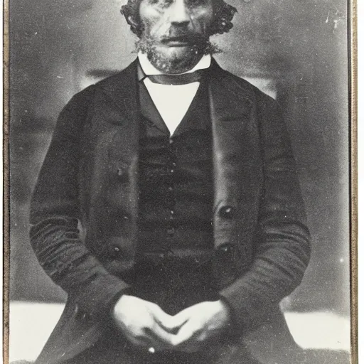 Image similar to close up photo portrait of a 19th century gangster maniac by Diane Arbus and Louis Daguerre