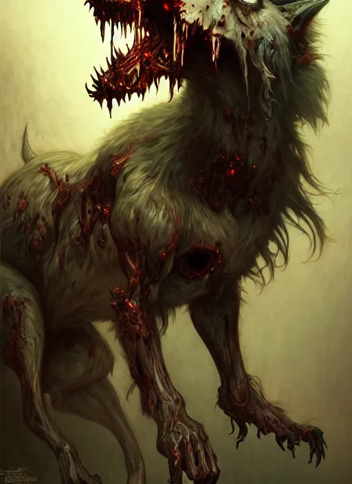 Image similar to a giant zombie wolf, diffuse lighting, fantasy, intricate, elegant, highly detailed, lifelike, photorealistic, digital painting, artstation, illustration, concept art, smooth, sharp focus, art by john collier and albert aublet and krenz cushart and artem demura and alphonse mucha