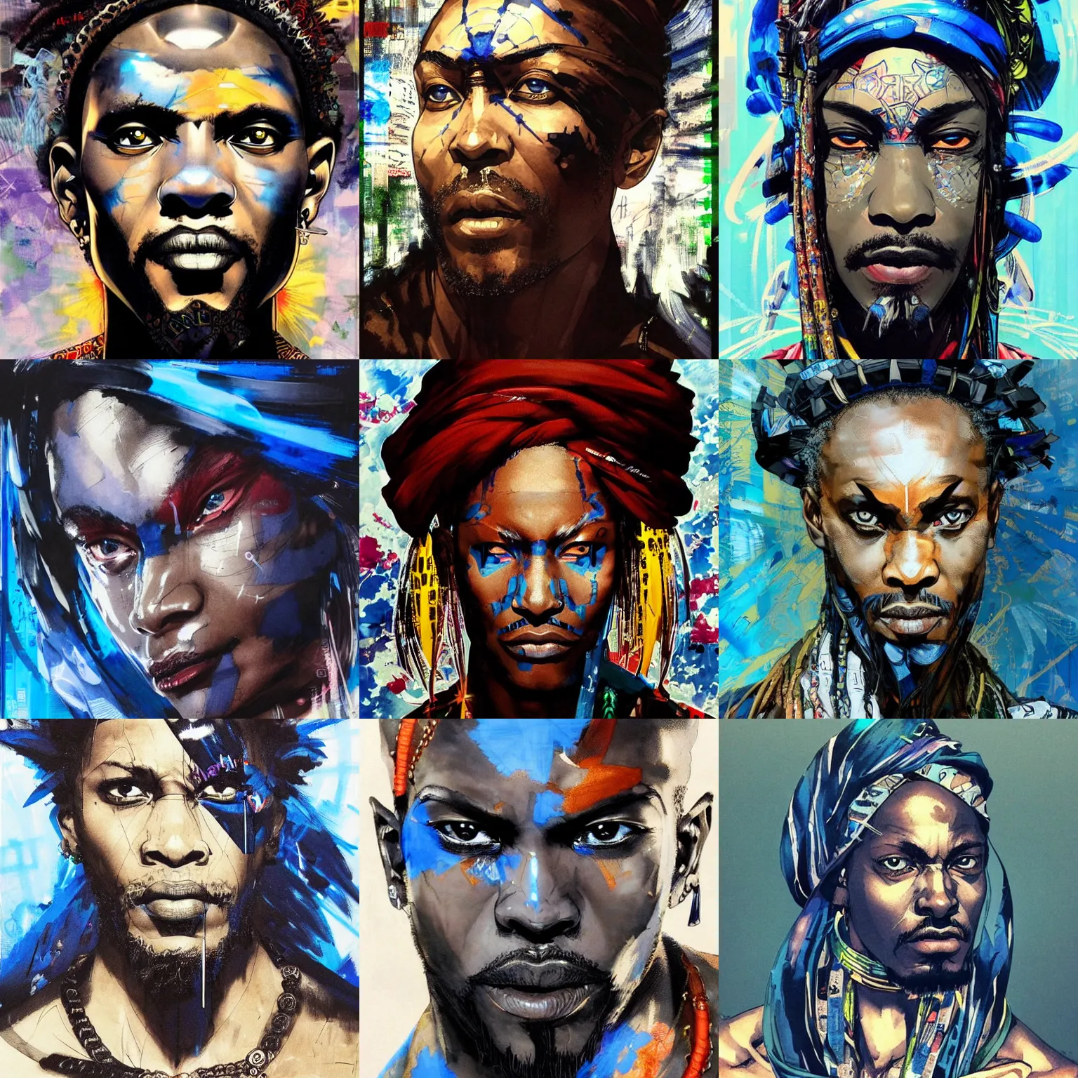 Prompt: a beautiful side portrait of a black african seer, fortune teller. blue - eyes - glowing, no - pupils, he has a tattoo in his forehead. he is in extreme ecstasy. art by yoji shinkawa and sandra chevrier, trending on artstation, award - winning, perfect composition.
