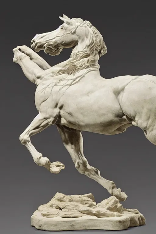 Prompt: a detailed marble sculpture of a riderless horse, galloping rearing dramatically, by michelangelo