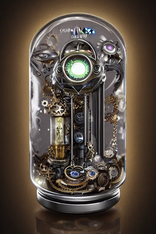 Prompt: steampunk glowing eyes owl inside a glass jar, swiss rolex gear glowing vacuum tubes pocketwatch hourglass intricate detail, hyper detailed, ultra realistic, sharp focus, octane render, lantern, volumetric, ray tracing, artstation trending, moon, pocketwatch, cgsociety, swirling mist, magical, moon, 4 k