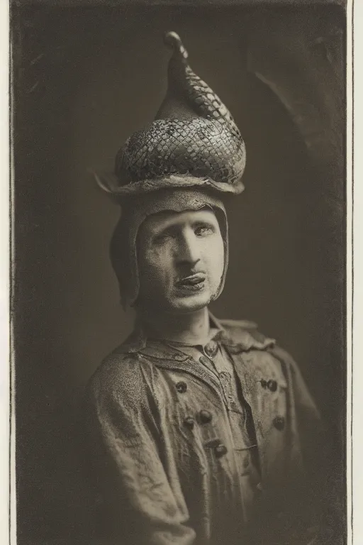 Image similar to a wet plate photo of a snake wearing a jester hat