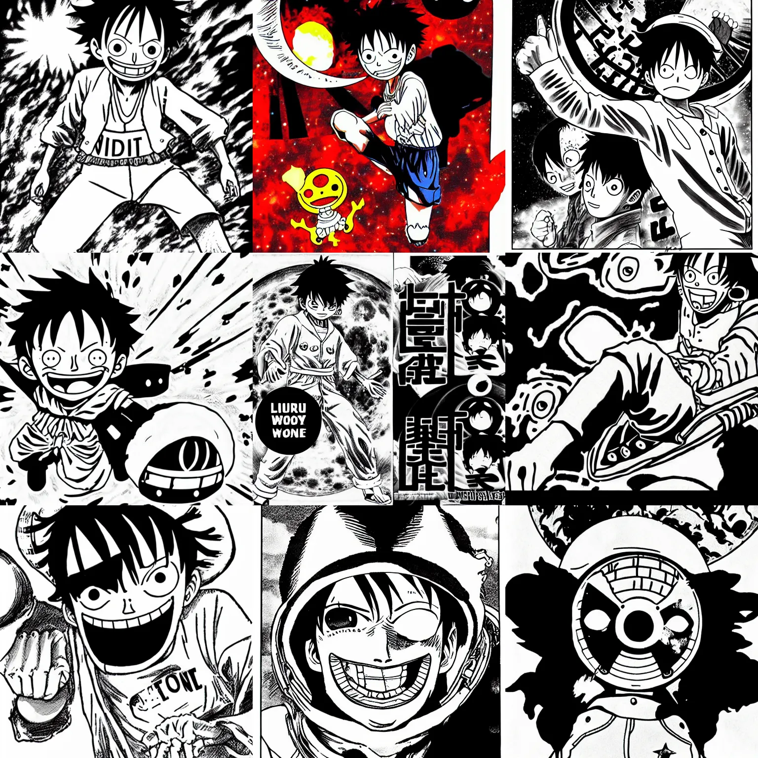 Prompt: luffy moon landing initial d, manga, black and white by oda