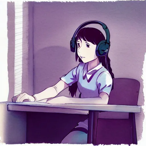 Image similar to anime girl wearing headphones sits at a desk in her bedroom studying, beautiful light thorough window in the style of lofi hiphop in pencil and watercolor by glen keane