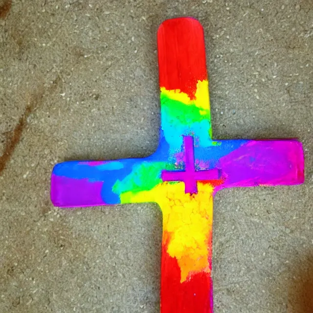 Image similar to wooden cross in rainbow flames, finger painting