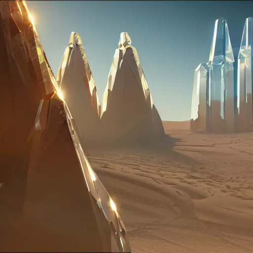 Image similar to four huge angular vertical floating complex translucent crystals in the desert, reflection from the crystal is sparkling due to sun, small retro starship in the sky, futuristic hi-tech details, art by anthony macbain + greg rutkowski + alphonse mucha, concept art, 4k, sharp focus, cinematic render unreal engine