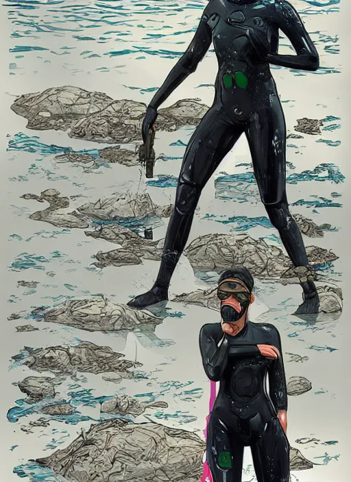 Prompt: Andrea. USN blackops operator emerging from water at the shoreline. Operator wearing Futuristic wetsuit and looking at an abandoned shipyard. Frogtrooper. rb6s, MGS, and splinter cell Concept art by James Gurney, Alphonso Mucha. Vivid color scheme.