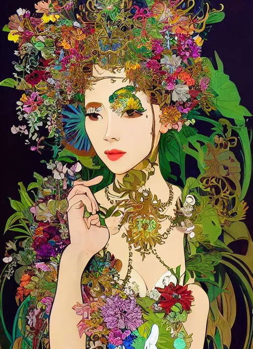 Image similar to !!! very coherent!!! oil painting, beautiful floralpunk balinese cyborg portrait girl female illustration detailed patterns art of bali traditional dress, flower pop art, floral splash painting, art by ashley wood, alphonse mucha, makoto shinkai, geof darrow, dark shadow