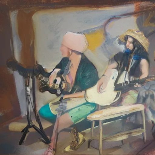 Image similar to women playing guitar, televisions, hd, photoreal cinema still, pastel in the style of bruce weber