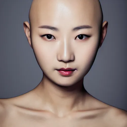 Image similar to photograph portrait bald korean japanese goddess of beauty neutral expression face straight on headshot even lighting no hair