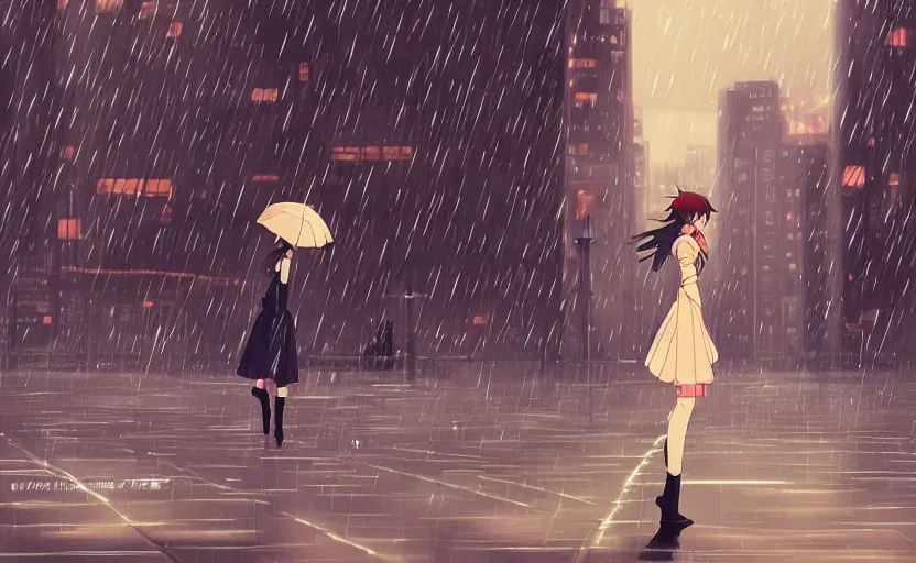 Prompt: An anime girl singing in the rain, her voice echoing through the empty city streets, anime scenery by Makoto Shinkai, digital art