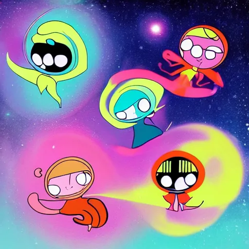 Prompt: Liminal space in outer space, Powerpuff Girls style