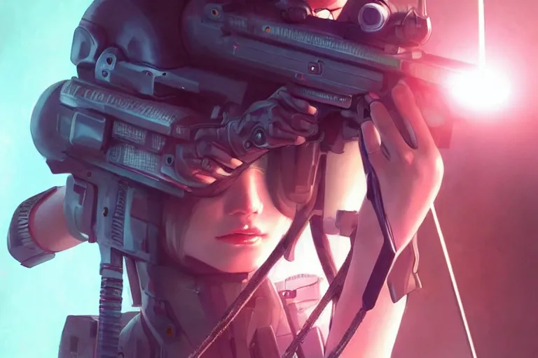 Image similar to young female japanese sniper aiming a railgun sniper rifle, neon, cyberpunk, futuristic, full cybernetic combat suit, short bob haircut, stunning, highly detailed, digital painting, smooth, soft focus, illustration, ghost in the shell, 4 k digital art from artstation by artgerm and greg rutkowski and alphonse mucha