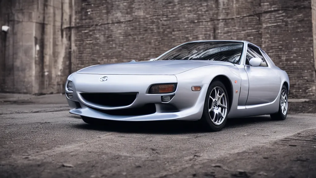 Image similar to mazda rx 7 mazda with pop up headlights, cinematic, long exposure, white balance, 8 k, led, lumen global illumination, fog, ray tracing reflections