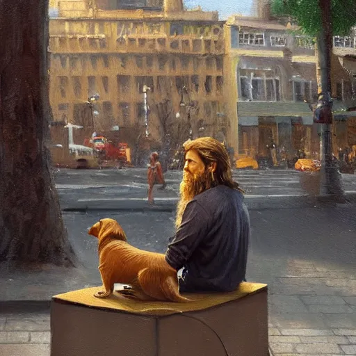 Prompt: oil painting of a young man with long hair blond and a beard hippie style with his golden retrever dog playing piano in the square for money, people watching around, by greg rutkowski, artstation