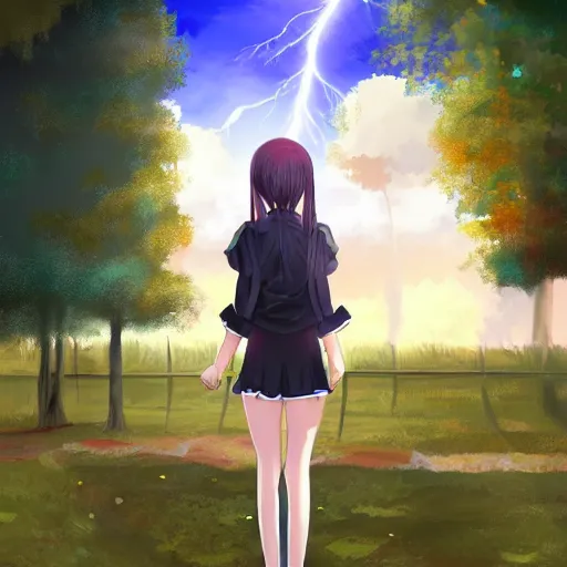 Prompt: anime girl in a park, evening lightning, warm, digital painting