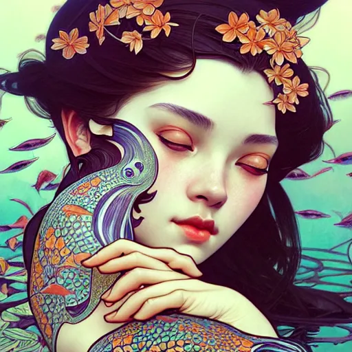 Image similar to Portrait of a girl surrounded by Koi fish, face, fantasy, intricate, elegant, highly detailed, digital painting, artstation, concept art, smooth, sharp focus, illustration, art by Yuhong Ding and Artem Demura and alphonse mucha