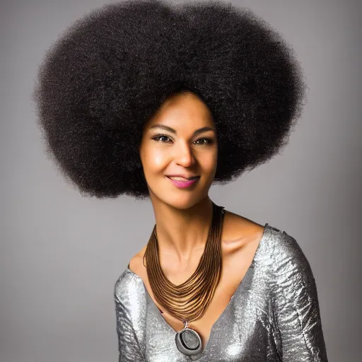 Prompt: beautiful african american woman with a big afro and a large silver necklace from the shoulders up, f1.8 HDR studio lighting