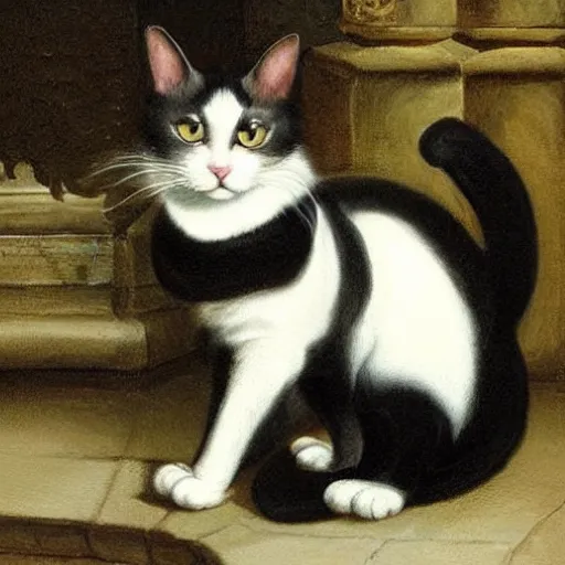 Image similar to elegant painting of a gorgeous regal black and white cat holding up one paw, in a castle, in the style of eugene de blaas