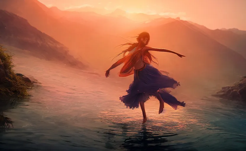 Image similar to Himalayan priestess dancing on water, beautiful flowing fabric, sunset, dramatic angle, 8k hdr pixiv dslr photo by Makoto Shinkai and Wojtek Fus