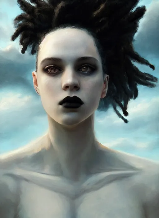 Image similar to girl with pale white skin and black dreadlocks, beautiful highly detailed face, complementary lighting, backlit, black eyeshadow, dark eyes, adventure, dramatic lighting, landscape background, beautiful painting by artgerm and greg rutkowski and raymond swanland