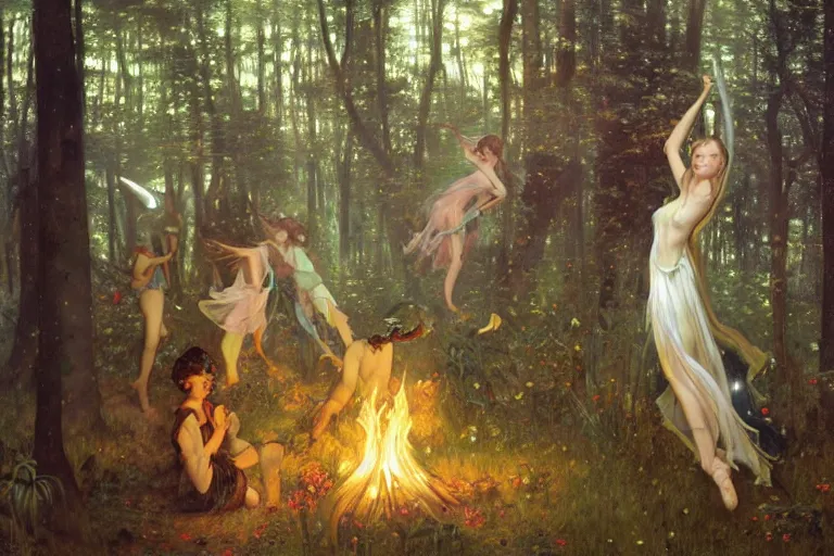 Prompt: dance of fairies around a fire in a forest at night, glowing, painting, muted colors, magical, by peter mohrbacher, by james gurney, by klimt, by alphonse mucha, by john william waterhouse