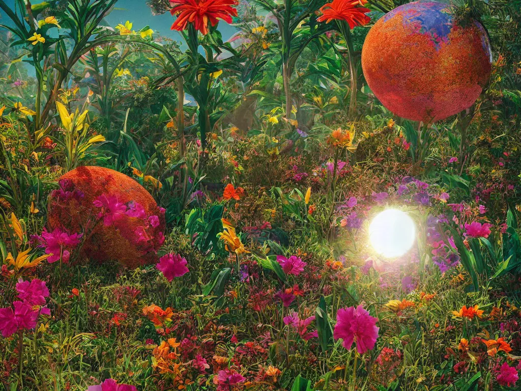 Prompt: sunlight study, the universe is a spheroid region 7 0 5 meters in diameter of kauai wildflower undergrowth, art nouveau, by maria sibylla merian and ( ( ( ( ( lisa frank ) ) ) ) ), 8 k, sharp focus, octane render