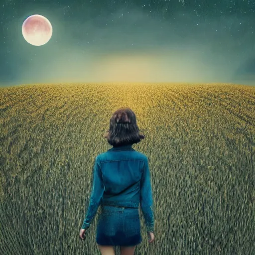 Image similar to giant daisy flowers as a head, girl walking in wheat field, hills, surreal photography, moon light, dark night, star trails, dramatic light, impressionist painting, clouds, digital painting, artstation, simon stalenhag