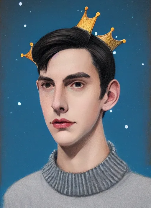 Image similar to portrait of teenage jughead jones wearing a light grey crown, crown, blue turtleneck, 1 9 5 0 s, closed eyes, photorealistic, black hair, glowing lighting, intricate, elegant, glowing lights, highly detailed, digital painting, artstation, concept art, smooth, sharp focus, illustration, art by wlop, mars ravelo and greg rutkowski