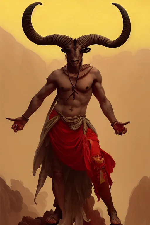 Prompt: portrait of a beautiful young fit male demon with ram horns, goat head, fluent dress on legs, by greg rutkowski and alphonse mucha, d & d character, gradient red to yellow, in front of an hellish landscape background, highly detailed portrait, digital painting, artstation, concept art, smooth, sharp focus ilustration, artstation hq