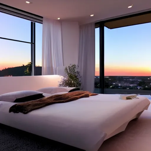 Image similar to a futuristic furnished bedroom with a large window at sunset, godrays, luxury white bed, warm lighting