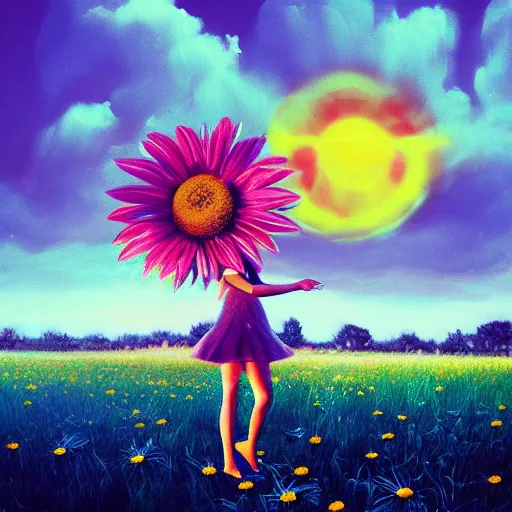 Image similar to giant daisy flower as head, girl dancing in a flower field, surreal photography, sunrise, dramatic light, impressionist painting, colorful clouds, digital painting, artstation, simon stalenhag