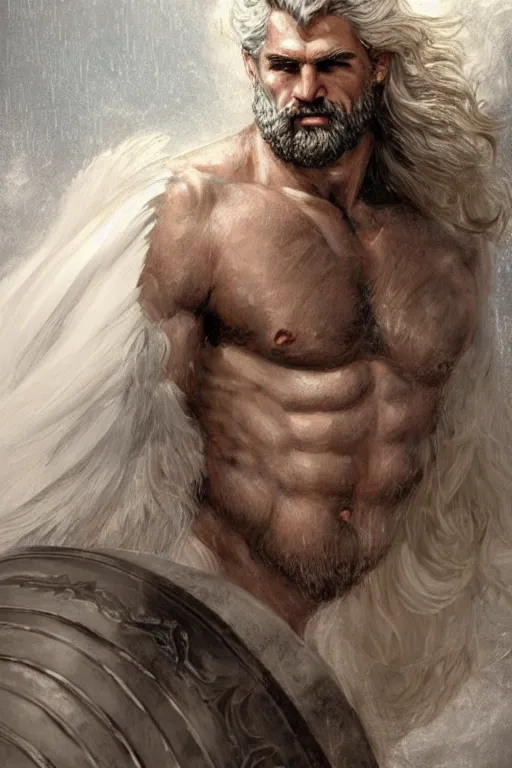 Image similar to painted portrait of rugged zeus, god of thunder, greek god, white hair, masculine, powerful, handsome, opulent, upper body, white robe, muscular, hairy torso, fantasy, intricate, elegant, highly detailed, digital painting, artstation, concept art, smooth, sharp focus, illustration, art by gaston bussiere and magali villeneuve