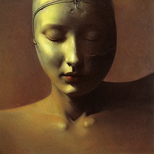 Prompt: The beautiful woman with closed eyes in steel full-face occult mask by Ilya Repin, William Blake, Michelangelo da Caravaggio and Beksinski, medium shot, grisaille, highly detailed oil painting, 4k, masterpiece