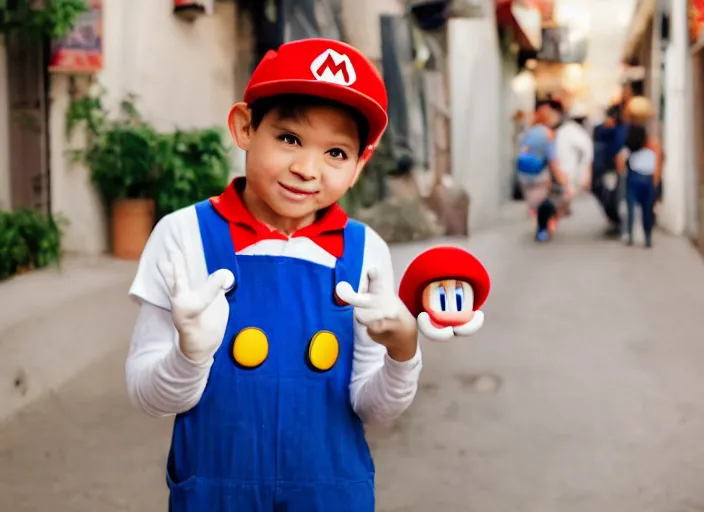 Prompt: super mario selling a magical mushroom in the alleys of los angeles, super mario in real life, red hat, blue overalls, mario is holding a magic mushroom in his hand, canon eos r 3, f / 1. 4, iso 2 0 0, 1 / 1 6 0 s, 8 k, raw, unedited, symmetrical balance, wide angle