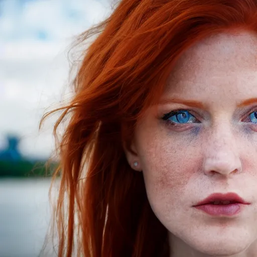 Prompt: close up portrait photo of the left side of the face of a redhead woman with blue eyes who looks directly at the camera. Slightly open mouth, face covers half of the frame, with a park visible in the background. 135mm nikon. Intricate. Very detailed 8k. Sharp. Cinematic post-processing. Award winning photography