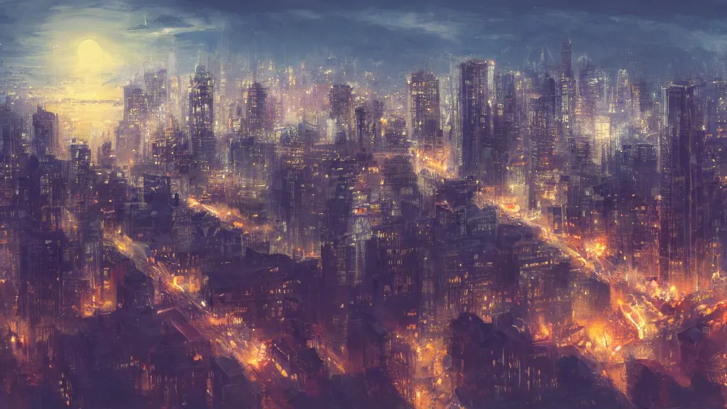 Prompt: view of a city, night, artstation