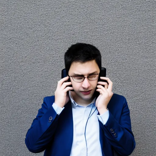 Prompt: A software engineer who is talented but tired is tasked with another dead end support call on the phone, Canon EOS R3, f/1.4, ISO 200, 1/160s, 8K, RAW, unedited, symmetrical balance, in-frame