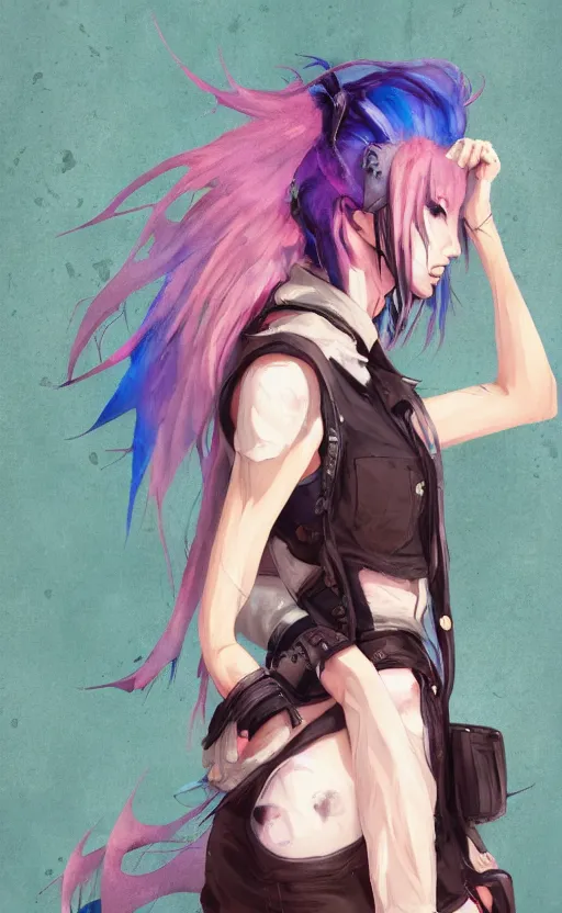 Prompt: a grungy anime woman with rainbow hair, drunk, angry, soft eyes and narrow chin, dainty figure, long hair straight down, torn overalls, basic white background, side boob, symmetrical, single person, style of by Jordan Grimmer and greg rutkowski, crisp lines and color,