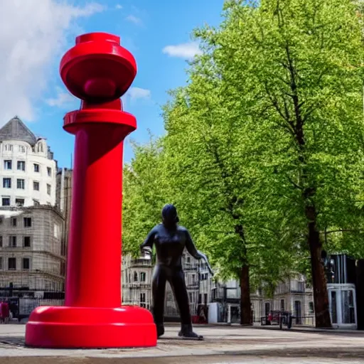 Prompt: a giant statue of a red plunger and a toilet in the center of london.