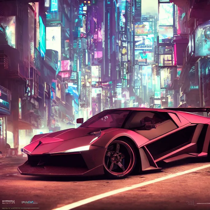 Image similar to cyberpunk car lamborgini counatch on the background of drak dirty style cyberpunk city. by nicholas hiatt. extreamly detailed, 8 k, octane render, hyperrealism, perfect composition, artstation, rendered in rtx, ssao, fxaa, unreal engine