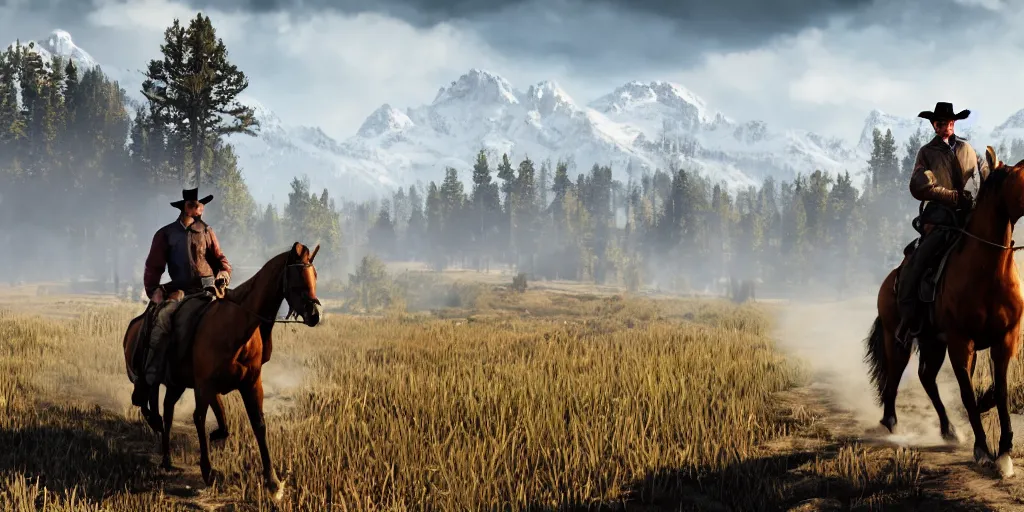 Prompt: still of a man riding a horse into an old west town surrounded by farmland and woods, snow capped mountains in the background, red dead redemption, 4 k, realistic, very beautiful, digital art, elegant, highly detailed