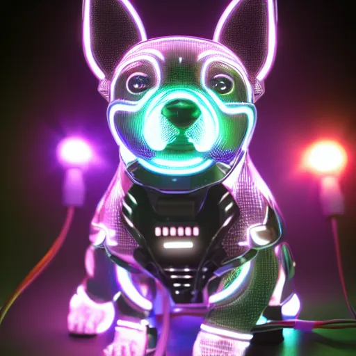 Prompt: cybernetic puppy, led lights, wires, hyperdetailed, hyperrealistic, reflections, futuristic, highly detailed, trending on artstation HQ, 4k, UHD