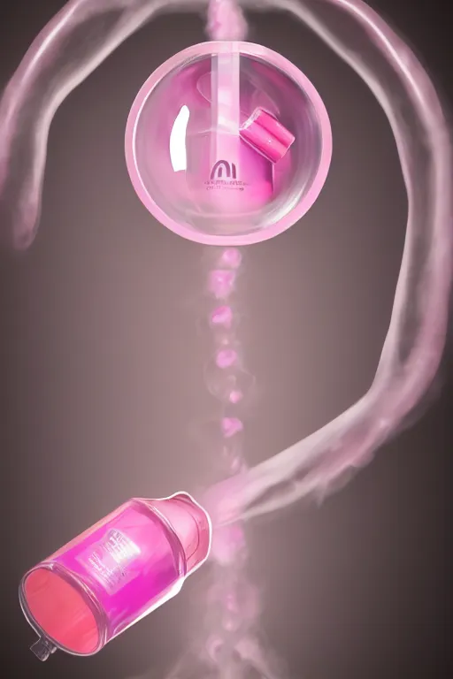 Prompt: Pink Vapor Inhalation Machine Connected to a Spherical Bottle of Pink Liquid Diapers by a Tube, Pink Vapor Leaking from an Oxygen Mask, fantasy, magic, ultra detailed, digital art, trending on artstation, illustration, medical laboratory