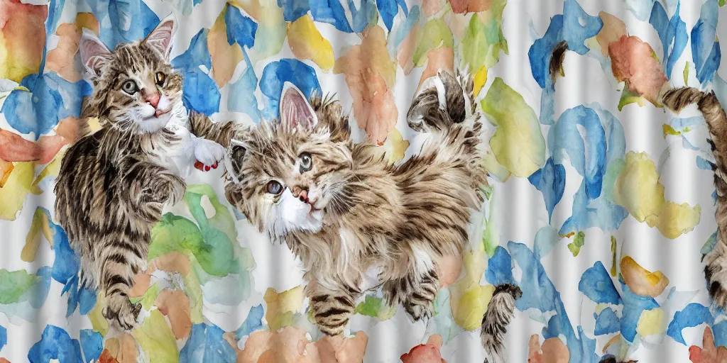 Image similar to shower curtain product catalog. on the curtain is a watercolor with ink under drawing of a cat toy being chased by a maine coon kitten. wide - angle product photography, product lighting. 4 k, highly detailed. saturated.